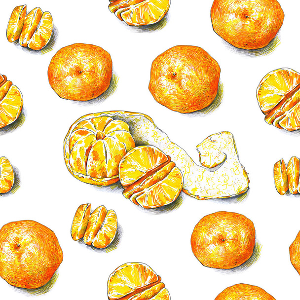 Tangerines fruits are isolated on a white background. Color sketch felt-tip pens. Tropical fruit. Healthy food. Handwork. Fast schematic drawing. Seamless pattern for design. - Foto, afbeelding