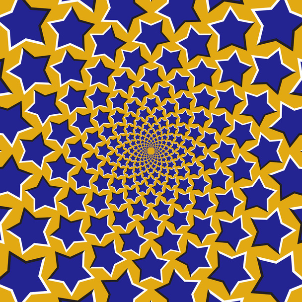 Hintergrund der optischen Bewegungsillusion. blaue Sterne fliegen kreisförmig von der Mitte auf gelbem Hintergrund auseinander. - Vektor, Bild
