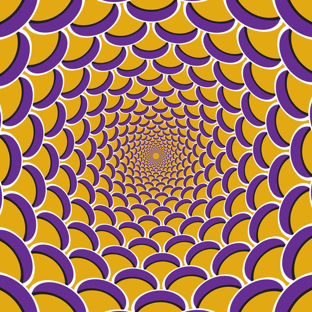 Fondo de ilusión de movimiento óptico. Media luna púrpura rebaño juntos circularmente hacia el centro sobre fondo amarillo
. - Vector, Imagen