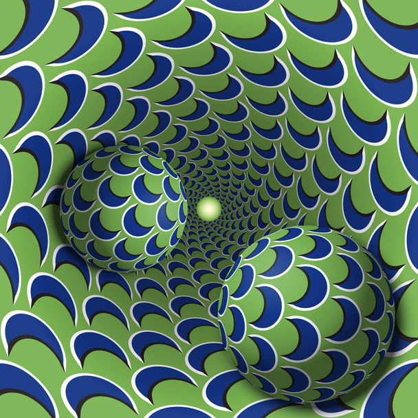 Optinen illuusio. Kaksi palloa liikkuu pilkullisessa reiässä. Sininen puolikuu vihreissä kuvioissa. Abstrakti fantasia surrealistiseen tyyliin
. - Vektori, kuva