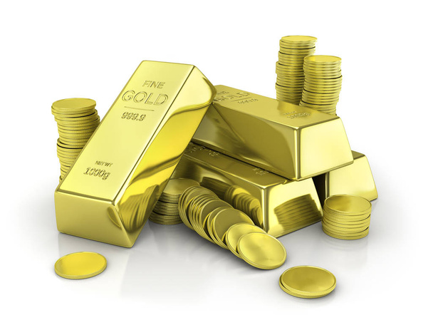 Gold bars with coins. Financial concept. 3d illustration - Φωτογραφία, εικόνα