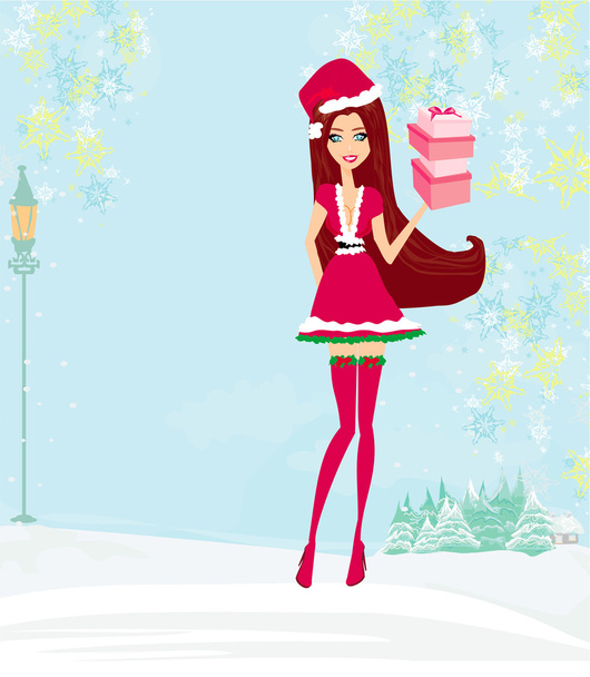 Winter girl with gift box - Vector, Image