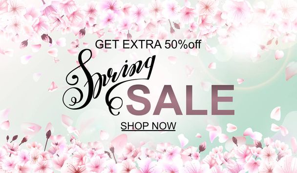 Advertisement about the spring sale on defocused background with beautiful cherry blossom. Vector illustration. - Vektör, Görsel