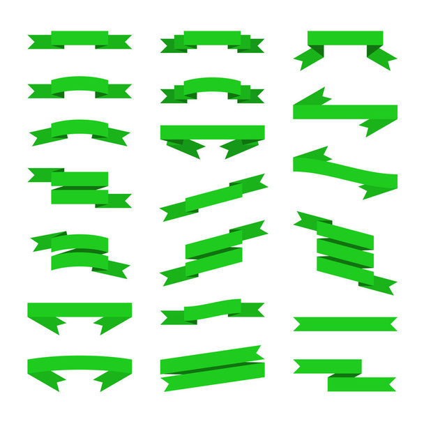 Green Flat Style Ribbons Banners Set. Vector - Vetor, Imagem