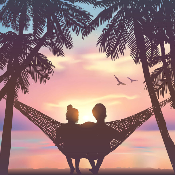 Couple amoureux à la plage sur hamac. Arrière-plan en style plage
 - Vecteur, image