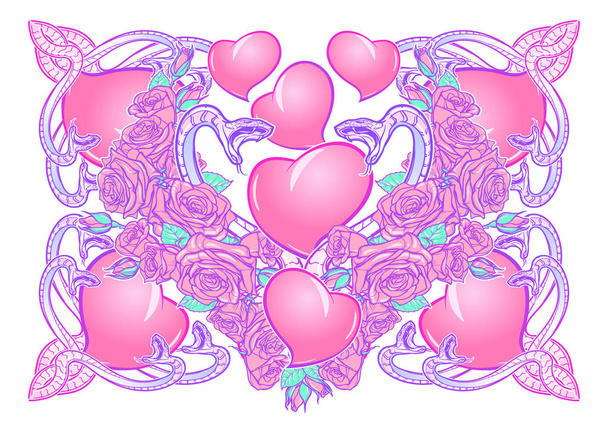 Roses hearts and snakes arranged in a square pattern. St Valentines day festive design - Vector, Imagen