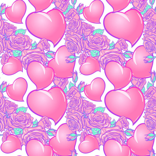 Roses and Hearts St Valentines day festive seamless pattern - Vector, Image