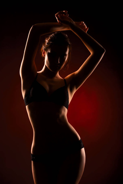 Silhouette of a young beautiful girl on a dark background - Foto, Imagen