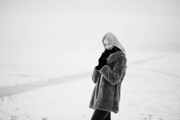 Portrait of young elegance blonde girl in a fur coat background  - Foto, immagini