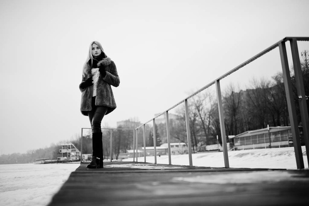 Portrait of young elegance blonde girl in a fur coat at pier bac - Zdjęcie, obraz