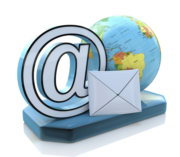 Email concept, 3d email sign with envelope and globe map on whit - Photo, Image