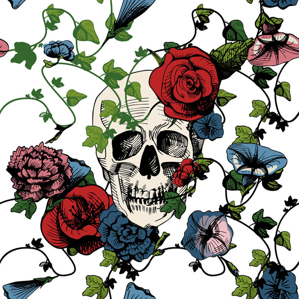 Skull in flowers - Vektori, kuva