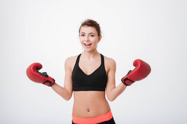 Happy young boxer woman - 写真・画像