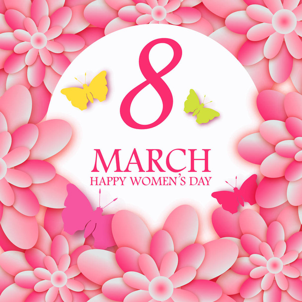 Abstract Pink Floral Greeting card - International Happy Women's Day - 8 March holiday background with paper cut Frame Flowers. Happy Mother's Day. Trendy Design Template. Vector illustration. - Vector, Imagen