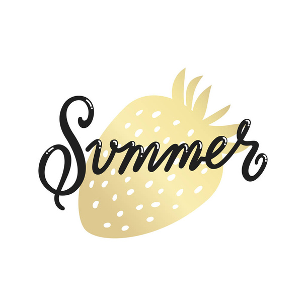 Inscrição "verão", desenho à mão, sobre fundo branco, com morangos dourados
.  - Vetor, Imagem