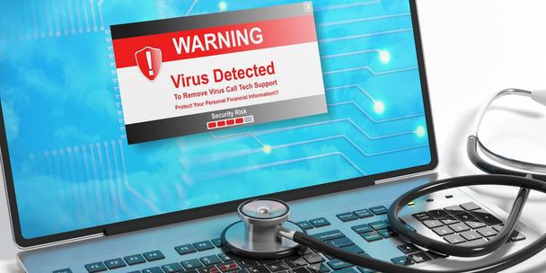 Alerta de virus en la pantalla de un portátil y un estetoscopio. ilustración 3d
 - Foto, Imagen