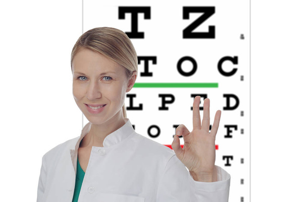 Portrait of smiling female Doctor Ophthalmologistshowing okay sign. Eyesight test. Vision care - Фото, изображение