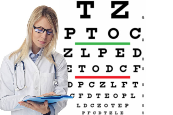 Portrait of female Doctor Ophthalmologist. Eyesight test. Vision care - Zdjęcie, obraz