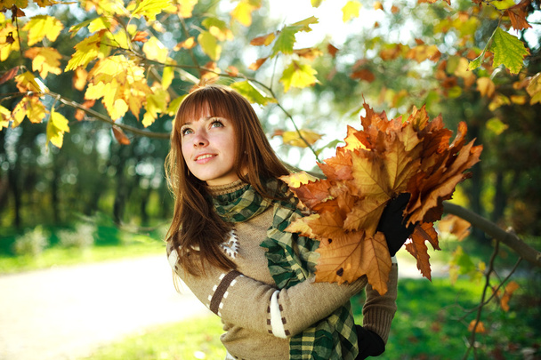 Outdoors closeup portrait of autumn happy girl with leaves - Foto, Imagen