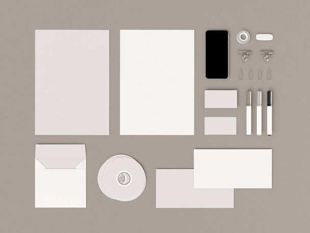 Black and white Corporate Identity. Branding Mock Up. Office supplies, Gadgets. 3D illustration - Fotografie, Obrázek