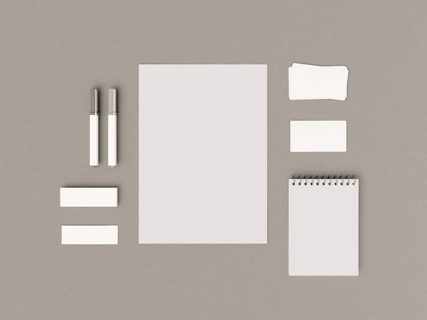 Black and white Corporate Identity. Branding Mock Up. Office supplies, Gadgets. 3D illustration - 写真・画像