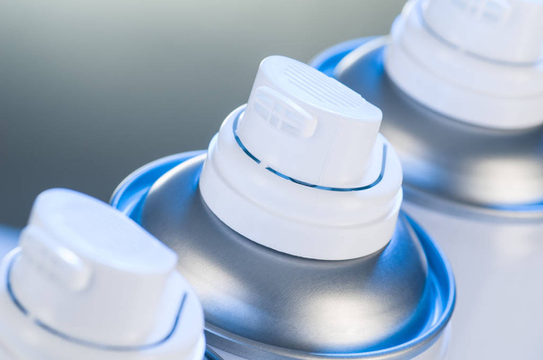 Aerosol spray cans nozzle closeup. Air freshener product studio photograph - Foto, Bild