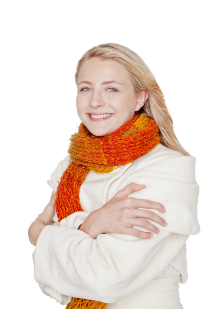 Młoda blond kobieta z szalikiem i co - Zdjęcie, obraz