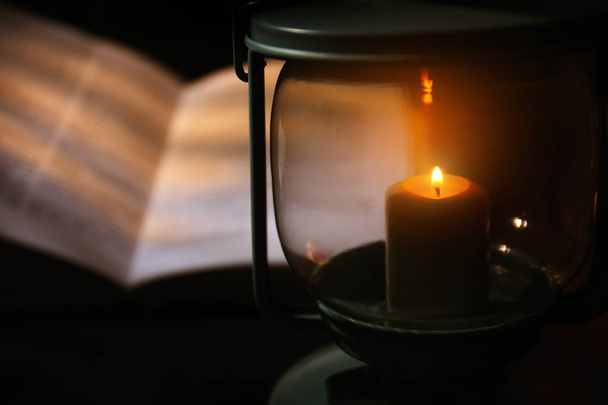 Burning candle and Bible - Fotoğraf, Görsel
