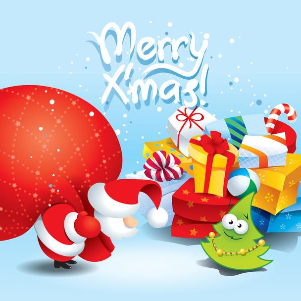 Weihnachtskarte mit Weihnachtsmann und vielen Geschenken - Vektor, Bild