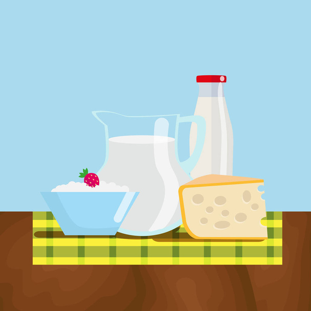 Zestaw świeżych produktów mlecznych z gospodarstwa. Naturalne, zdrowe jedzenie. Ilustracja wektorowa płaskie, Eps10. - Wektor, obraz