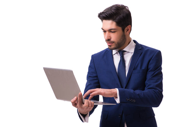 Бизнесмен, работающий с ноутбуком изолирован на белом
 - Фото, изображение