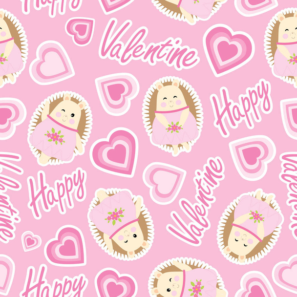 Valentine seamless pattern with cute hedgehog and love shape on pink background  - Vector, Image