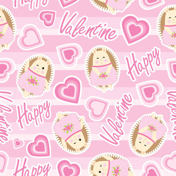 Valentine seamless pattern with cute hedgehog and love shape on pink stripes background  - Vector, Image