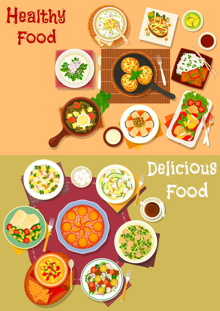 Healthy lunch dishes with fruit dessert icon set - Vector, Image