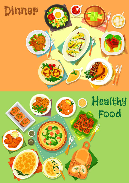Fő ételek, ebéd- és vacsoraidőben ikon készlet - Vektor, kép