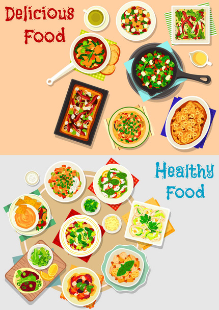 Tasty dishes for lunch menu icon set design - Vector, Image