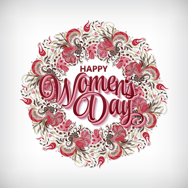 Γυναικών μέρα σχεδιασμό πρότυπο κάρτας, κόκκινο glitter υφή, αφηρημένα λουλούδια στεφάνι, χέρι συρμένο γράμματα «Happy γυναικείο ημέρα» διανυσματικά εικονογράφηση eps10 γραφικών - Διάνυσμα, εικόνα