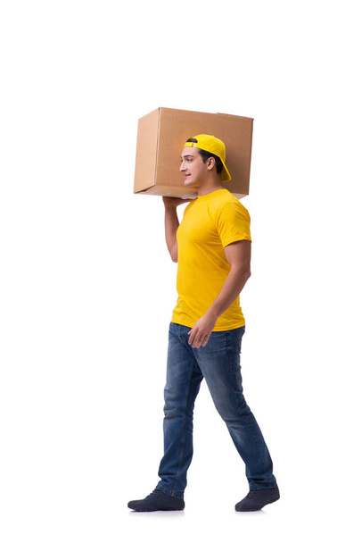 Divertente ragazzo consegna con scatola isolata su bianco
 - Foto, immagini