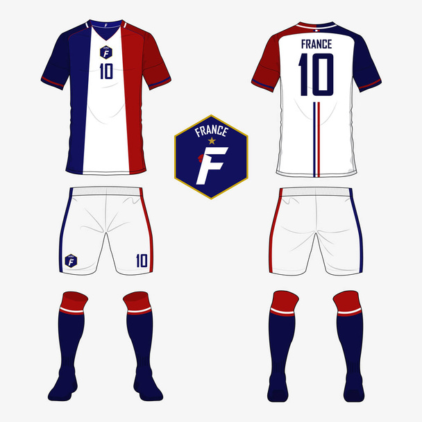Set van voetbal trui of voetbal kit sjabloon voor Frans voetbalelftal. Voor- en achterkant voetbal uniforme weergeven Sport shirt mock up. - Vector, afbeelding