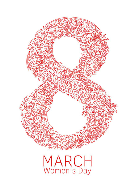 Vector hand drawn decorative element with text for 8 march greeting card design. Doodle floral pattern to international womens day. Zentangle art flowers. Coloring book for adults - Διάνυσμα, εικόνα