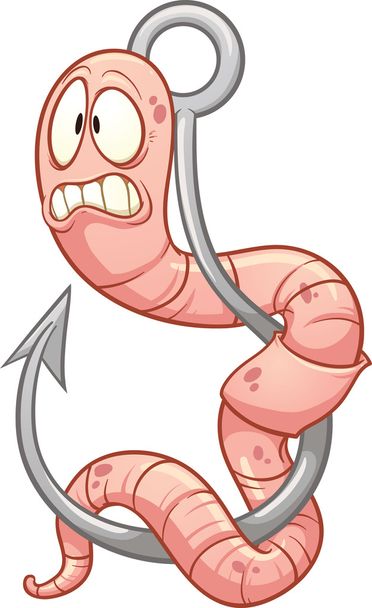 Cartoon worm op een visserij-haak - Vector, afbeelding