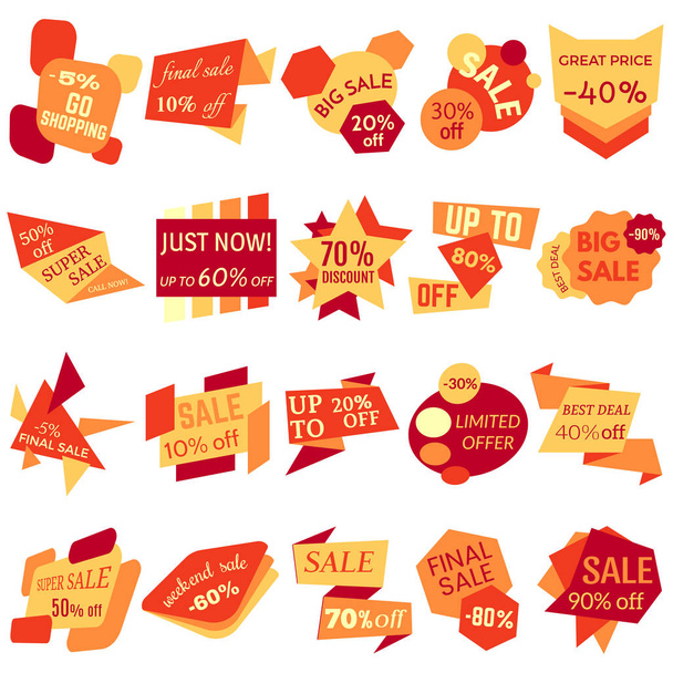 Set van Sale korting Labels, Tags, emblemen. Web collectie stickers en badges voor verkoop - Vector, afbeelding