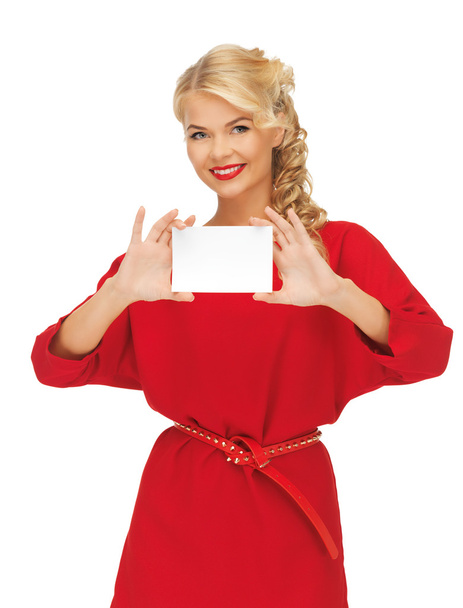 Lovely woman in red dress with note card - Foto, immagini