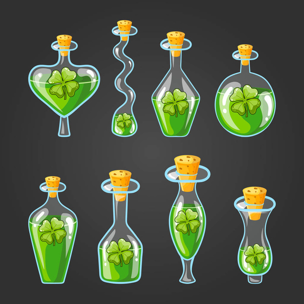 Set with bottles of clover potion - Вектор,изображение