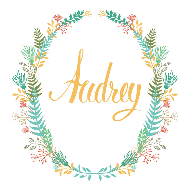 Frame of flowers and ferns with girl's name Audrey - Vecteur, image