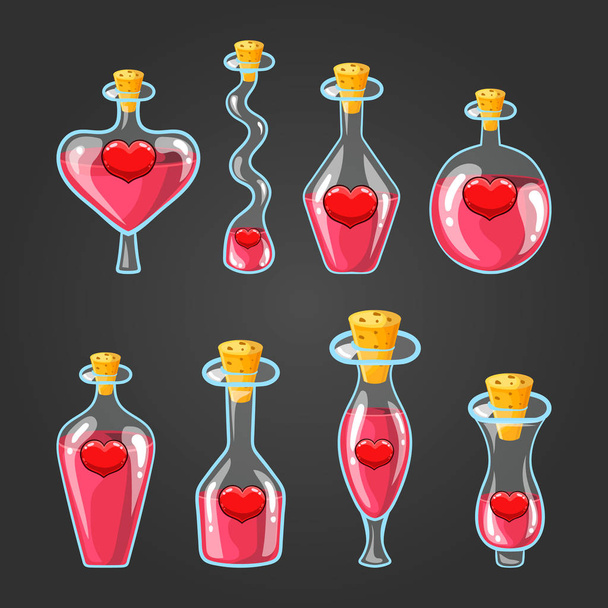 Set with different bottles of love potion - Vektör, Görsel