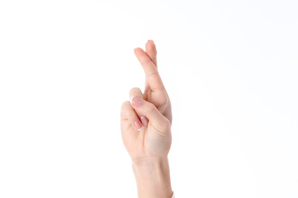 female hand showing the gesture with raised up and crossed two fingers is isolated on a white background - Foto, Bild
