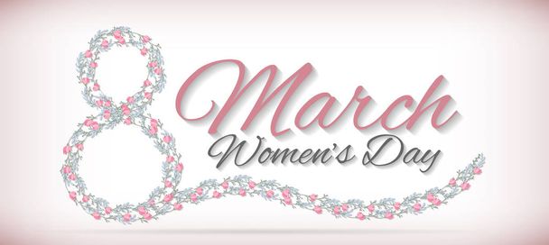 March 8 long banner. Womens day. The number eight and ribbon from flowers. Vector - Vektor, obrázek