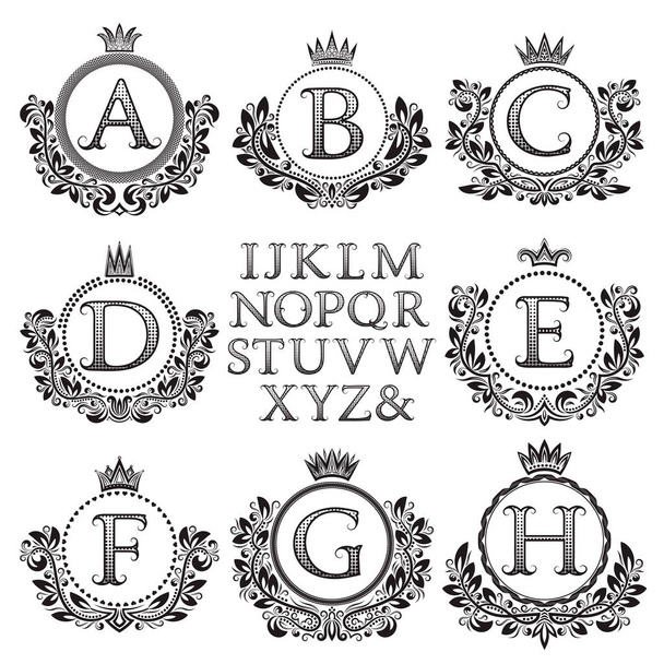 Vintage monogram kit. Black patterned letters and floral coat of arms frames for creating initial logo in antique style. - Vektor, Bild