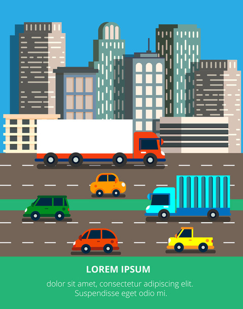 Vector illustration in modern flat style with traffic jam in a big city. Skyscrapers on a background with a roads and a lot of cars and trucks. For web banners and info graphic. - Vector, Image